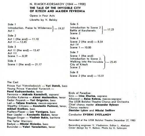 Evgeny Svetlanov - N.Rimsky-Korsakov: The Tale of the Invisible City of Kitezh and Maiden Fevroniya (1983) [1990] Vinyl