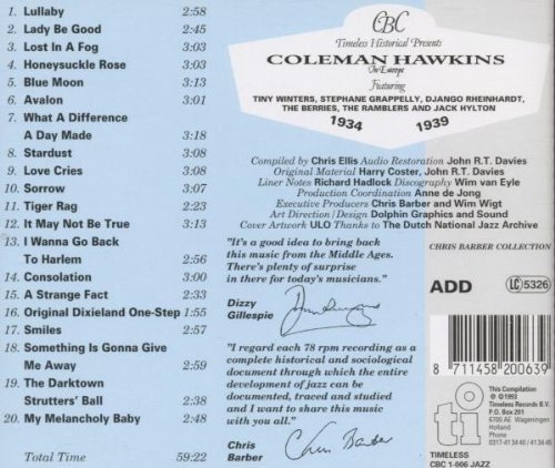 Coleman Hawkins ‎– Coleman Hawkins In Europe: 1934-1939 (Reissue) (1993)