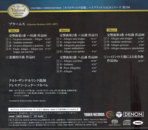 Kurt Sanderling - Brahms: 4 Symphonies (1972) [2016 SACD The Valued Collection Platinum]