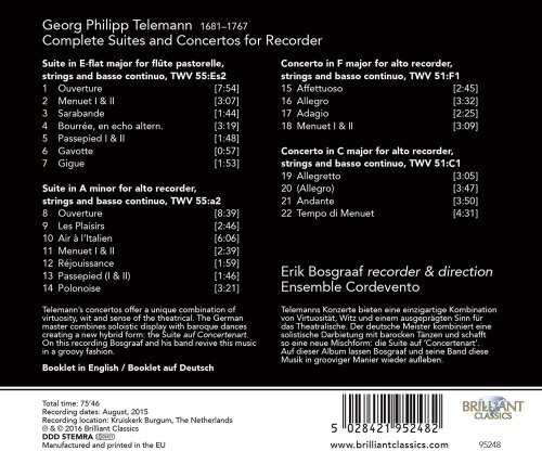 Ensemble Cordevento, Erik Bosgraaf - Telemann: Complete Suites & Concertos for Recorder (2016) [Hi-Res]