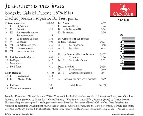 Rachel Joselson - Je donnerais mes jours: Songs by Gabriel Dupont (2020)