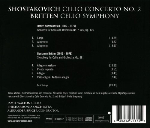 Jamie Walton, Philharmonia Orchestra, Alexander Briger - Shostakovich Cello Concerto No. 2, Britten Cellos Symphony (2008) [Hi-Res]