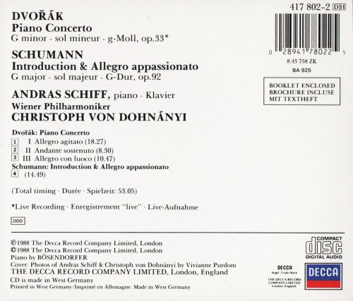 András Schiff, Wiener Philharmoniker, Christoph von Dohnányi - Dvořák: Piano Concerto / Schumann: Introduction & Allegro appasionato (1988)