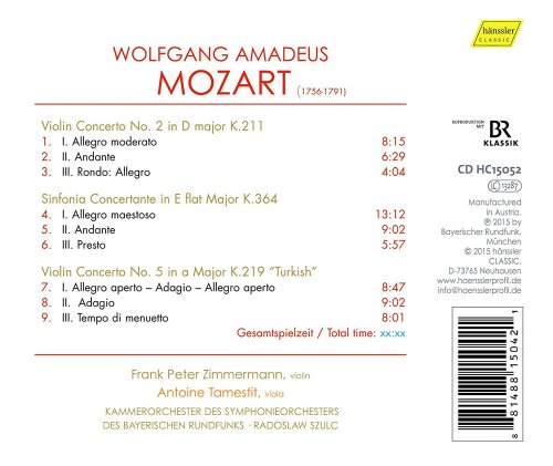 Frank Peter Zimmermann, Antoine Tamestit, Kammerorchester des Symphonieorchesters des Bayerischen Rundfunks, Radoslaw Szulc - Mozart: Violin Concertos Nos 2 & 5 and Sinfonia Concertante (2016) [Hi-Res]