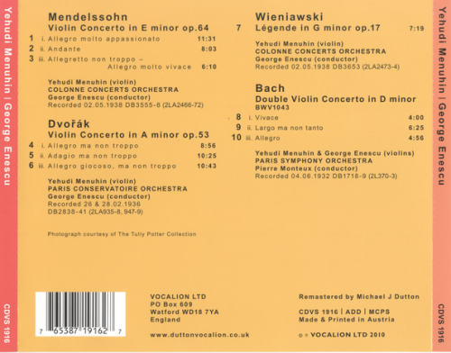 Yehudi Menuhin, George Enescu, Pierre Monteux, Paris Symphony Orchestra - Mendelssohn, Dvorak, Bach (2011)