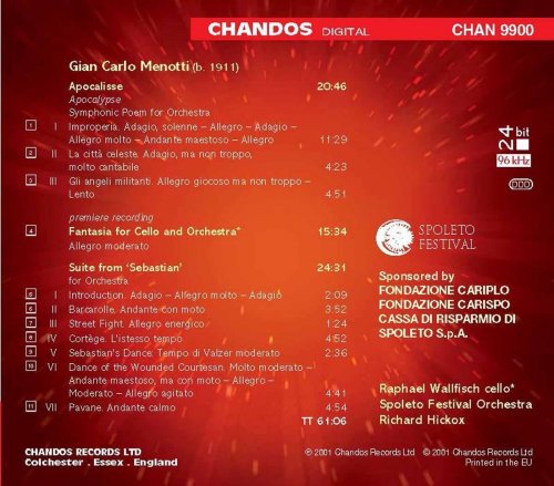 Raphael Wallfisch, Spoleto Festival Orchestra, Richard Hickox - Menotti: Apocalypse / Fantasia for Cello and Orchestra / Sebastian: Suite (2001) [Hi-Res]