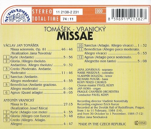 Kühn mixed Choir, Prague Chamber Orchestra, Pavel Kühn - Tomášek & Vranický: Masses (1994) CD-Rip