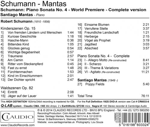 Santiago Mantas - Schumann: Piano Sonata No. 4 - World Premiere Recording (2018) [Hi-Res]