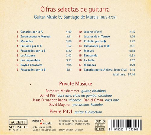 Pierre Pitzl, Private Musicke - Cifras selectas de guitarra: Guitar Muic by Santiago de Murcia (2016)