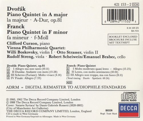 Clifford Curzon, Vienna Philharmonic Quartet - Dvořák, Franck: Piano Quintets (1988) CD-Rip