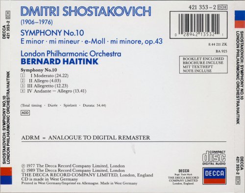 London Philharmonic Orchestra, Bernard Haitink - Shostakovich: Symphony No. 10 in E minor, Op. 93 (1989)