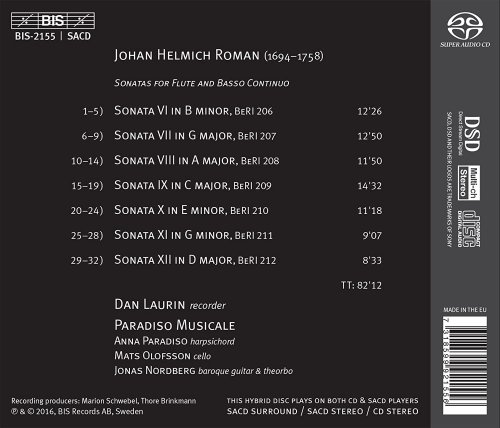 Dan Laurin, Paradiso Musicale - J.H. Roman: The 12 Flute Sonatas, Nos. 6-12 (2013) [Hi-Res]