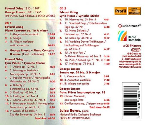 Luiza Borac, Romanian National Radio Orchestra Bucharest, Nicolae Moldoveanu - Grieg & Enescu: The Piano Concertos & Solo Works (Live) (2022) [Hi-Res]