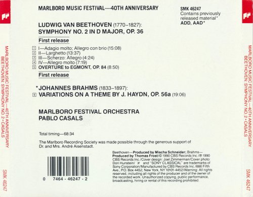 Marlboro Festival Orchestra, Pablo Casals - Beethoven: Symphony No. 2 & Egmont Overture / Brahms: Variations on a Theme by Haydn, Op. 56a (1990)