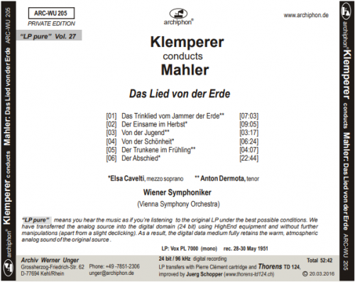 Elsa Cavelti, Anton Dermota, Wiener Symphoniker, Otto Klemperer - Klemperer Conducts Mahler ("LP Pure", Vol. 27) (2016) [Hi-Res]
