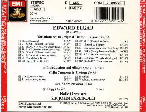 Halle Orchestra, Sir John Barbirolli, Andre Navarra - Elgar: Enigma Variations / Cello Concerto / Elegy  (1991)