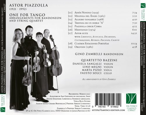 Gino Zambelli, Quartetto Bazzini - Astor Piazzolla: One For Tango (Arrangements for Bandoneon and String Quartet) (2022) [Hi-Res]