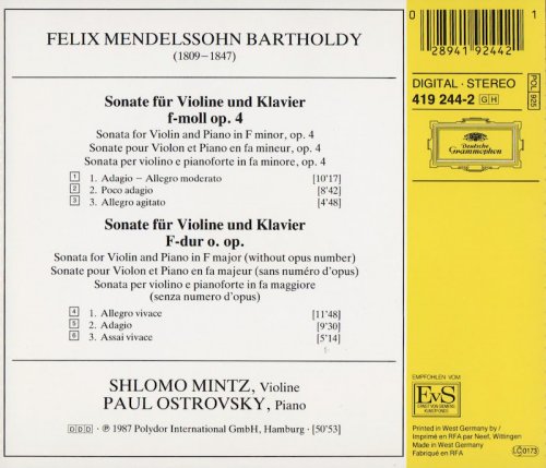 Shlomo Minz, Paul Ostrovsky - Mendelssohn: Violinsonaten (1987) CD-Rip