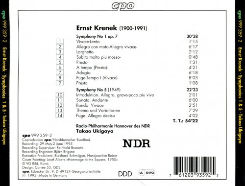 Radio-Philharmonie Hannover, Takao Ukigaya - Krenek: Symphonies 1 & 5 (1995)