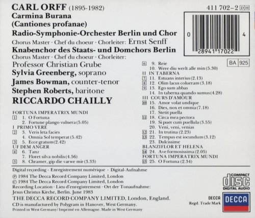 Sylvia Greenberg, James Bowman, Stephen Roberts, Riccardo Chailly - Orff: Carmina Burana (1984)