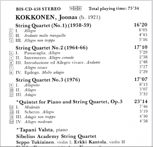 Tapani Valsta, Sibelius Academy String Quartet - Kokkonen: String Quartets Nos. 1-3, Piano Quartet (1991)