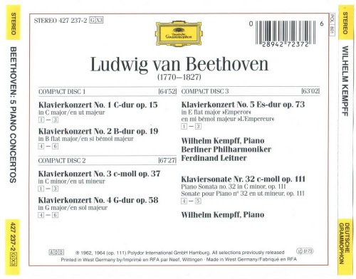 Wilhelm Kempff, Berliner Philharmoniker, Ferdinand Leitner - Beethoven: 5 Piano Concertos (1998) CD-Rip