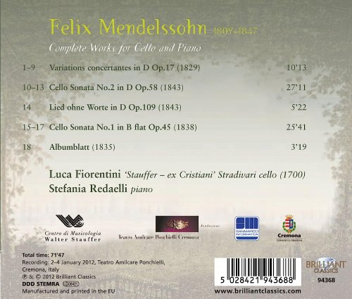 Luca Fiorentini, Stefania Redaelli - Mendelssohn: Complete Works for Cello and Piano (2012)