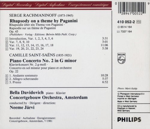 Bella Davidovich, Concertgebouw Orchestra, Neeme Järvi - Rachmaninoff: Paganini-Rhapsodie / Saint-Saëns: Piano Concerto no. 2 (1984) CD-Rip