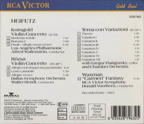 Jascha Heifetz - Korngold: Concerto / Rózsa: Concerto / Waxman: "Carmen" Fantasy (1988) CD-Rip