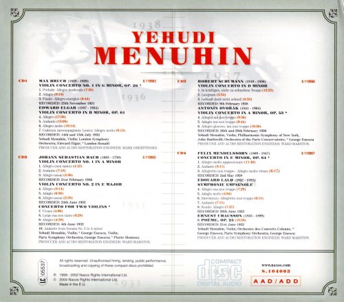Yehudi Menuhin - Menuhin Plays The Great Concertos (2004) [4CD Box Set]