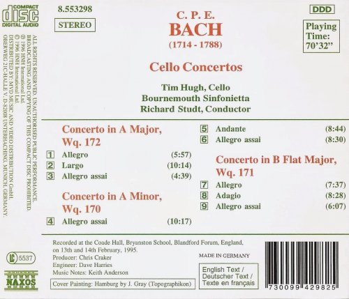 Tim Hugh, Bournemouth Sinfonietta Orchestra, Richard Studt - C.P.E. Bach: Cello Concertos (1996)