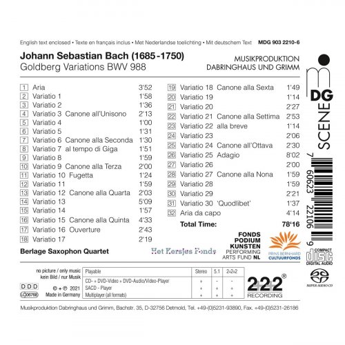 Berlage Saxophone Quartet - Bach: Goldberg Variations, BWV 988 (2021) [Hi-Res]