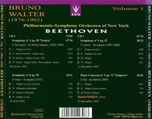 Rudolf Serkin, Philharmonic Symphony Orchestra of New York - Bruno Walter Vol 1 His First US Records of Beethoven 1941-1942 Symphonies 3 5 8, Piano Concerto 5 Lys (1998)