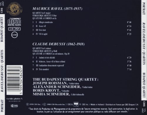 Budapest String Quartet - Debussy, Ravel: Quartet In F Major / Quartet In G Minor, Opus 10 (1988)