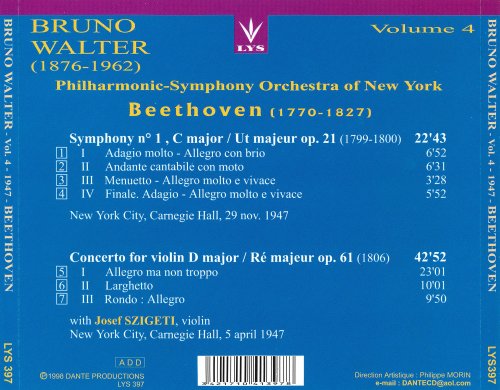 Josef Szigeti, Bruno Walter - Beethoven, 1947 recordings / Symphony n° 1 / Violin Concerto (1998)