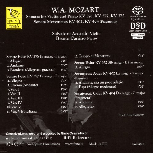 Salvatore Accardo, Bruno Canino - Mozart: Sonatas for Violin and Piano KV 376, KV 377, KV 372 (2021) [SACD]