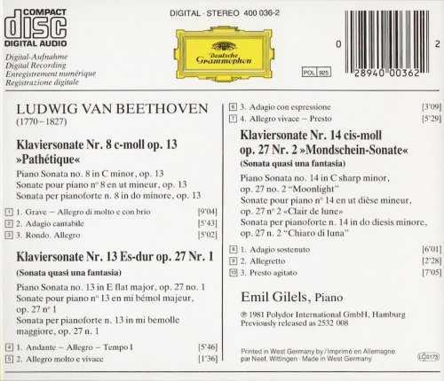 Emil Gilels - Beethoven: Piano Sonatas 8, 13 & 14 (1981) CD-Rip