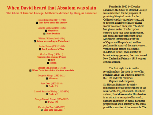 Choir of Ormond College & Douglas Lawrence - When David heard that Absalom was slain (1986)