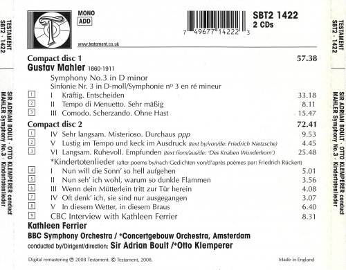Kathleen Ferrier, BBC Symphony Orchestra, Sir Adrian Boult - Mahler: Symphony No. 3, Kindertotenlieder (2008)