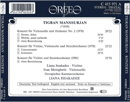 Liana Issakadze, Ivan Monighetti, Georgisches Kammerorchester - Manssurjan: Concerto No. 2 For Cello & String Orchestra / Concerto For Violin & String Orchestra / Double Concerto For Violin, Cello & String (1997)