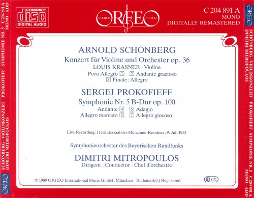 Louis Krasner, Dimitri Mitropoulos - Dimitri Mitropoulos, Schönberg, Prokofieff - Violinkonzert Op. 36 / Symphonie Nr. V (1989)