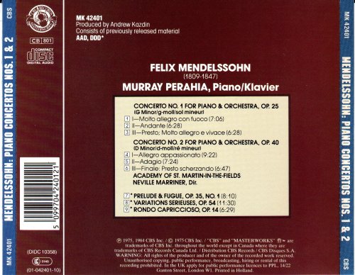 Murray Perahia, Neville Marriner - Mendelssohn: Piano concertos 1 & 2 (1990) CD-Rip