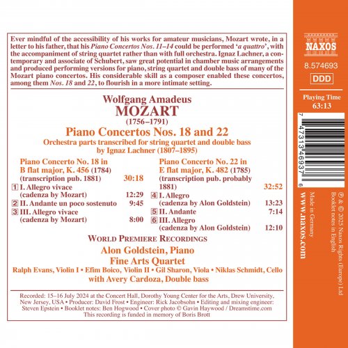 Alon Goldstein, Fine Arts Quartet, Avery Cardoza - Mozart: Piano Concertos Nos. 18 & 22 (Arr. for Piano, String Quartet & Double Bass by Ignaz Lachner) (2025) [Hi-Res]