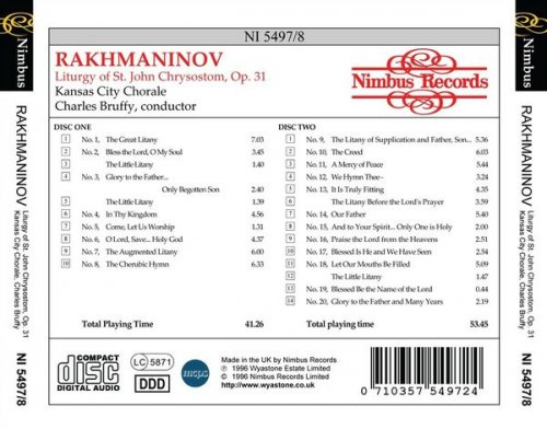 Kansas City Chorale & Pamela Williamson - Rachmaninov: Liturgy of St. John Chrysostom, Op. 31 (1996)