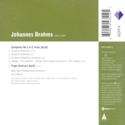 Kurt Masur - Brahms: Symphony No. 1 & Tragic Overture (2002)