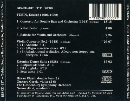 Håkan Ehrén, Gustavo Garcia, Neeme Järvi - Tubin: Double Bass Concerto, Valse Triste, Ballade For Violin And Orchestra, Violin Concerto No. 2, Estonian Dance Suite (1987)