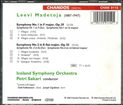 Iceland Symphony Orchestra, Petri Sakari - Madetoja: Symphonies Nos. 1 & 2 (1992)