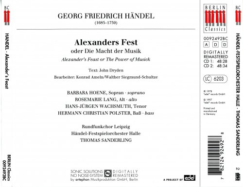 Rundfunkchor Leipzig, Handel-Festspielorchester Halle, Thomas Sanderling - Handel: Alexander's Feast (1997)
