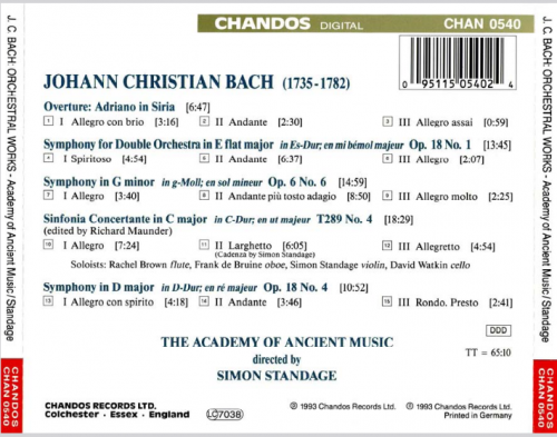 The Academy of Ancient Music, Simon Standage - Bach: Symphonies Op.18 Nos. 1 & 4, Op.6 No.6 (1993)
