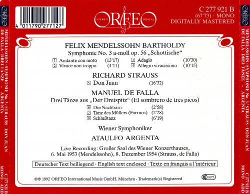 Wiener Symphoniker, Ataulfo Argenta - Mendelssohn: Symphony No. 3, Strauss: Don Juan & Falla: Three Dances (1992)